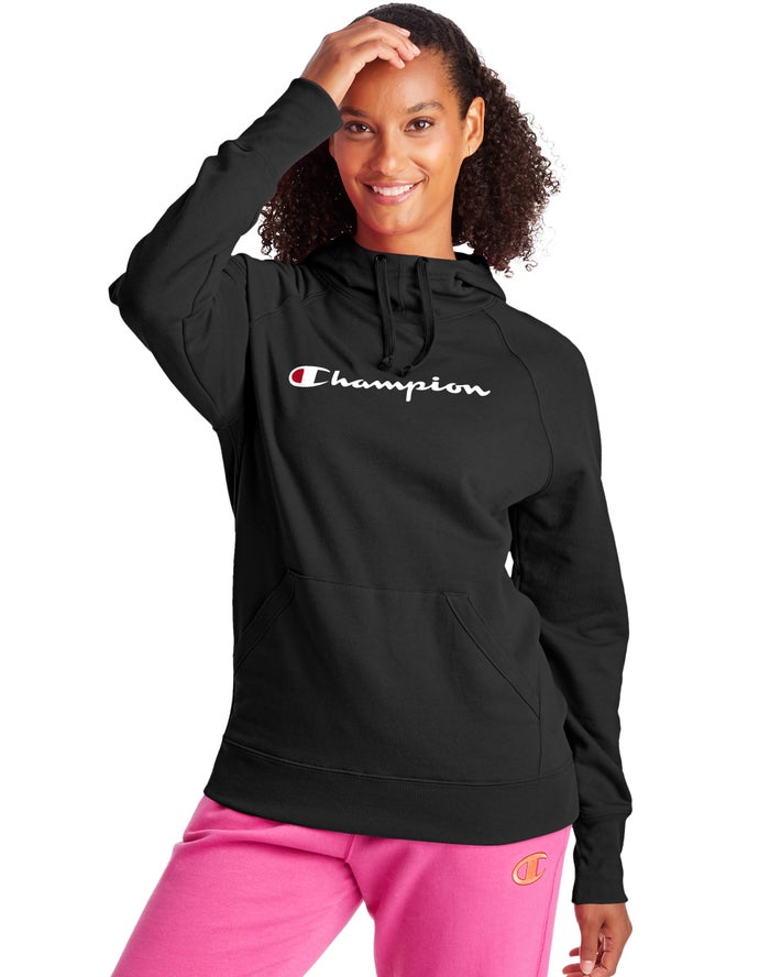 Champion Powerblend Fleece Script Logo Kadın Kapşonlu Sweatshirt Siyah ( CVBHYA568 )